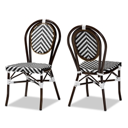 Baxton Studio Alaire Classic French Black and White Weaving and Dark Brown Metal 2-Piece Outdoor Dining Chair Set